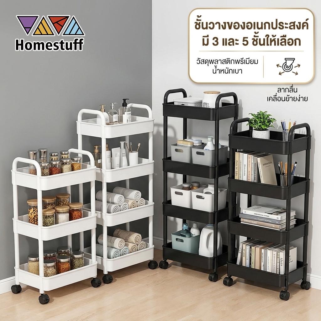 HOMESTUFF ชั้นวางของรถเข็นพลาสติก 3/5ชั้น พร้อมล้อเลื่อน+ที่จับ รถเข็นเก็บของ เคลื่อนย้ายสะดวก