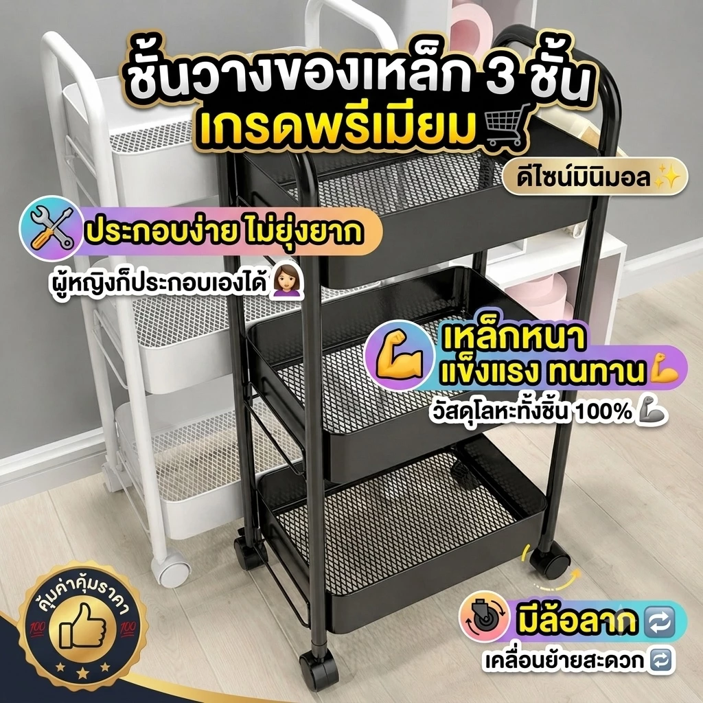 HOMESTUFF ชั้นรถเข็น เหล็ก 3ชั้น พร้อมตะขอและล้อเลื่อน ชั้นวางของในครัว แข็งแรงทนทานไม่เป็นสนิม เคลื่อนย้ายสะดวก