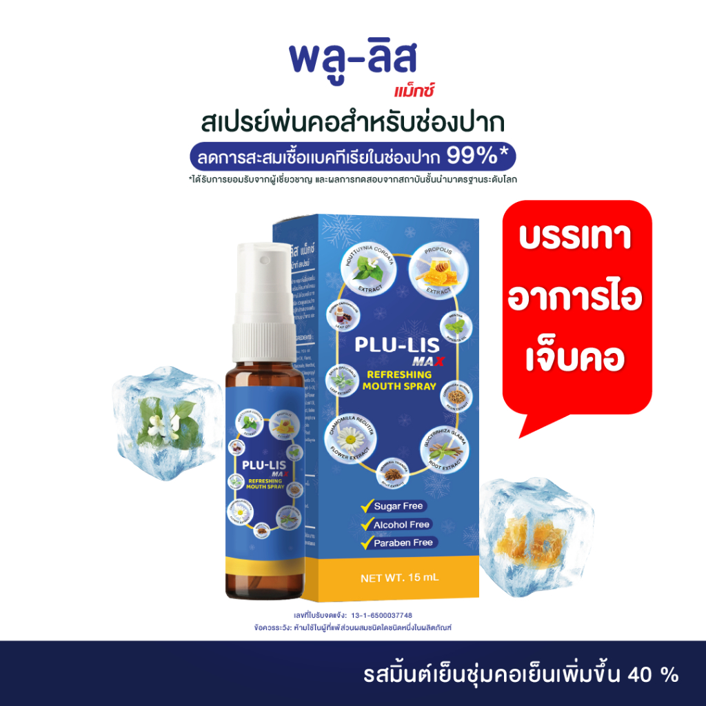 พลู-ลิส แม๊กซ์ สเปรย์พ่นคอ ดับกลิ่นปาก แก้เจ็บคอ ไม่แสบปาก ไม่น้ำตาล ไม่มีแอลกอฮอล์  Refreshing mouth spray