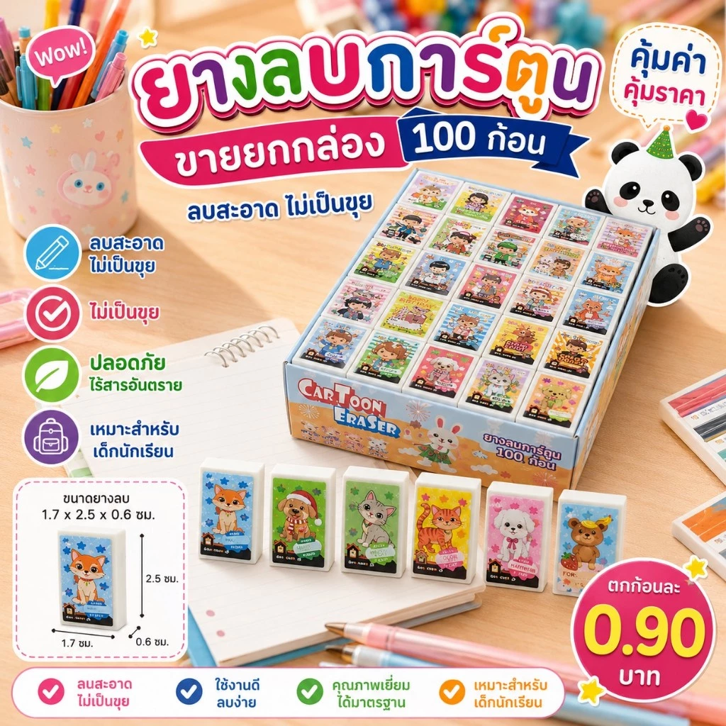 ER100 ยางลบ ขนาดมินิ ยางลบการ์ตูนพิมพ์ลาย 10, 100 ก้อน