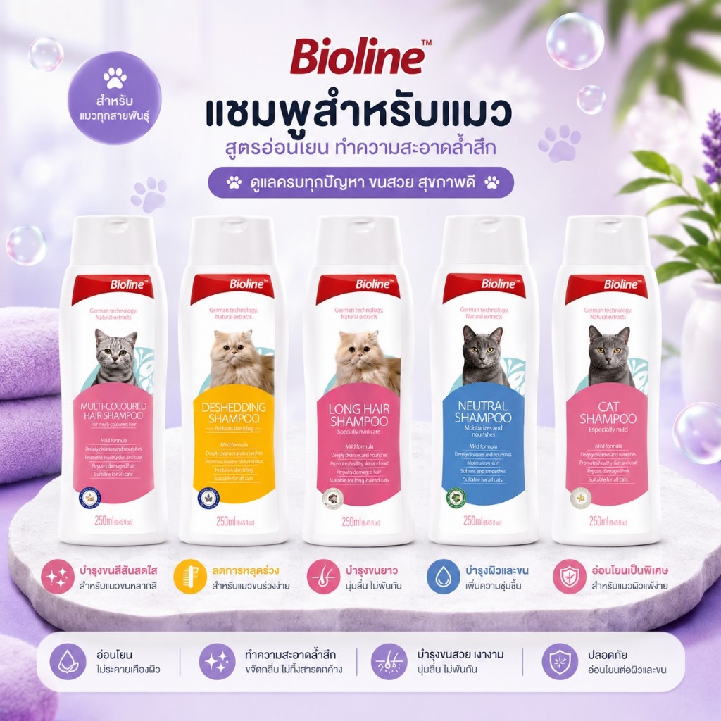 Bioline แชมพูอาบน้ำสัตว์เลี้ยง แชมพูแมว แชมพูสุนัข หลากหลายสูตร บำรุงขนสวย 200-250 ML