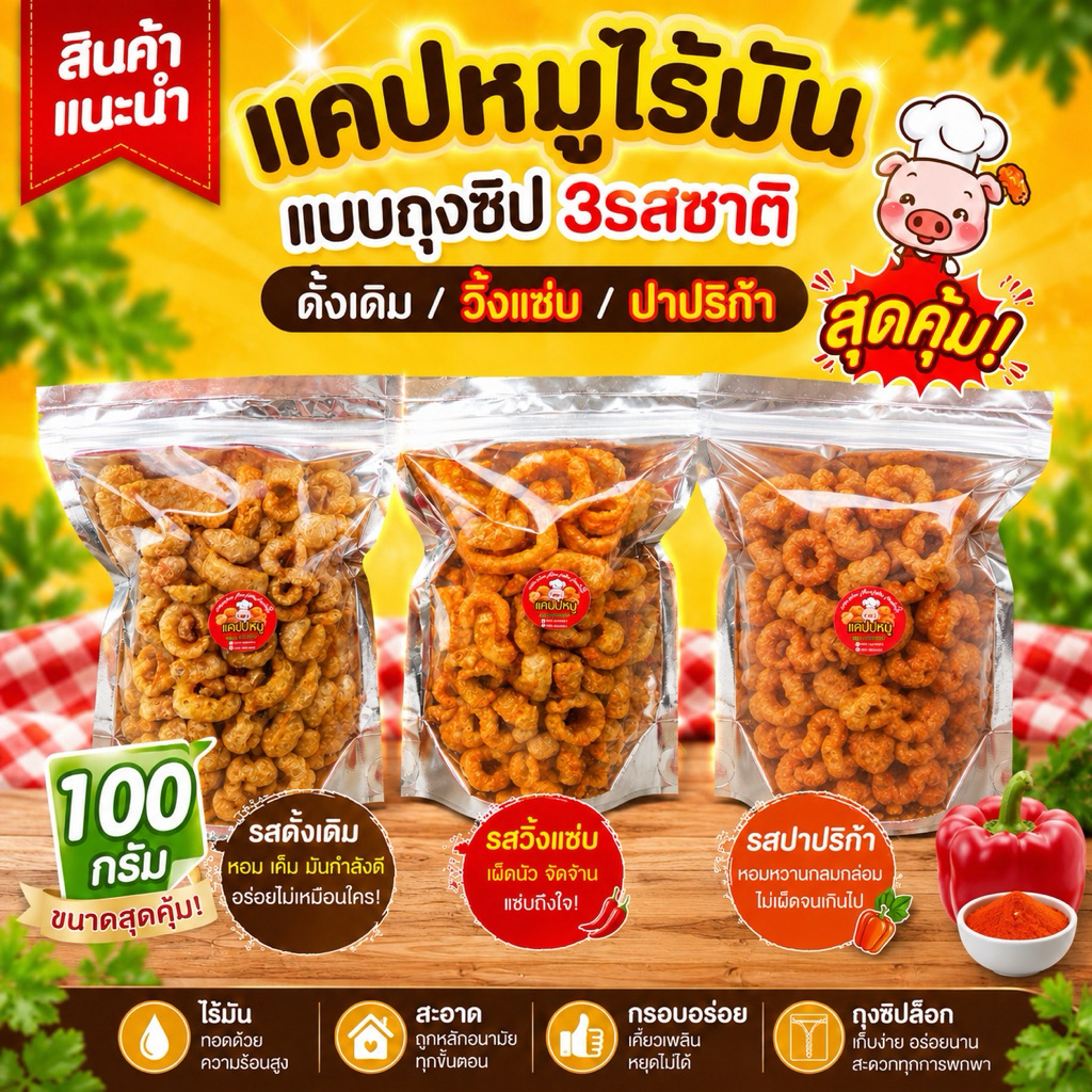 แคปหมูไร้มัน3รสชาติ ดั้งเดิม/วิ้งแซ่บ/ปาปริก้า 100g