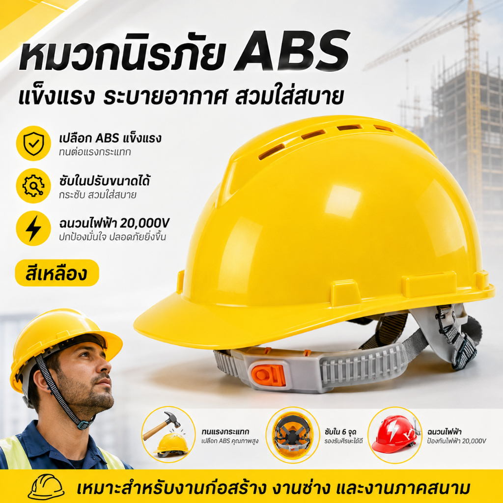 หมวกนิรภัย ABS รุ่นระบายอากาศ ปรับขนาดหัวได้ กันกระแทก สำหรับงานก่อสร้าง โรงงาน ช่าง ไซต์งาน