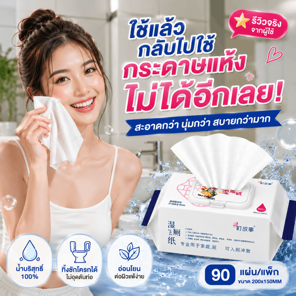 กระดาษชำระเปียก pH6 สำหรับผิวแพ้ง่าย ไม่มีน้ำหอม ไม่มีแอลกอฮอล์ เด็กใช้ได้ ผู้หญิงใช้ดี 90 แผ่น
