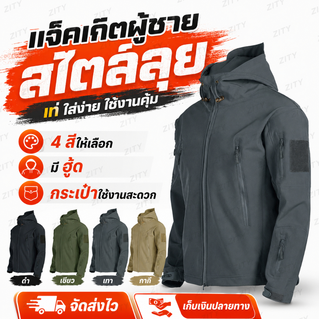 แจ็กเก็ตผู้ชาย เดินป่ากันน้ำและกันลม Tactical Jackets  เสื้อแจ็คเก็ตกันน้ำ ป้องกันแสงแดด Windproof