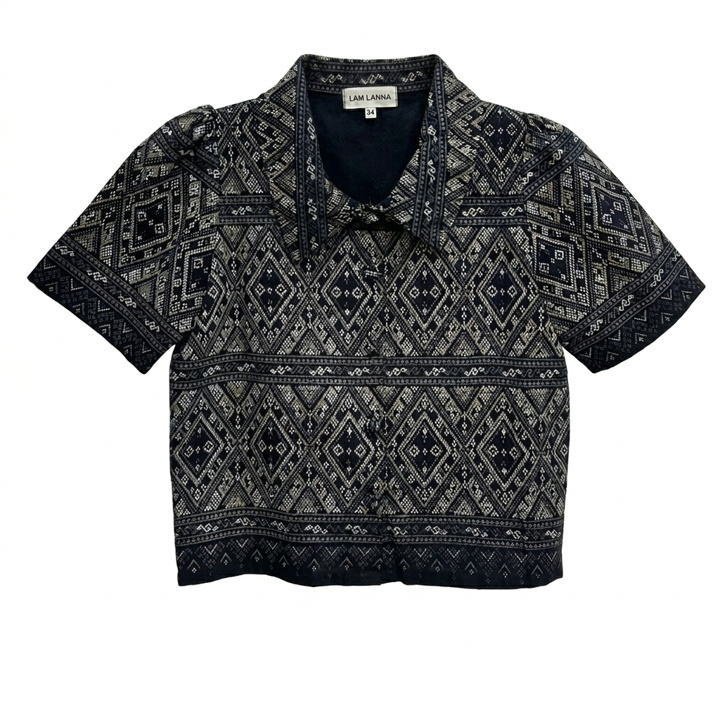 เสื้อคอปกแขนสั้นกระดุมหน้า ลายแพรวา ผ้าหมักโคลน