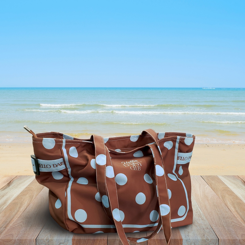 [พร้อมส่ง]Hello Daisy - Belt bag กระเป๋า  tote bag  ลาย polka dot สีน้ำตาลจุดฟ้า