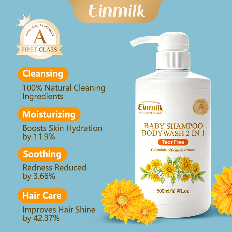 Einmilk เบบี้ คาเลนดูล่า วอช แอนด์ แชมพู ทูอิน1 500มล สูตรไม่แสบตา อ่อนโยนสำหรับผิวแพ้ง่าย