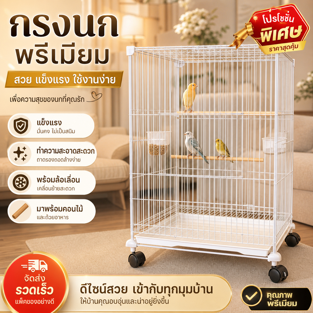 กรงนกแข็งแรง ใช้งานง่าย ถอดล้างได้ มีล้อเลื่อน เคลื่อนย้ายสะดวก