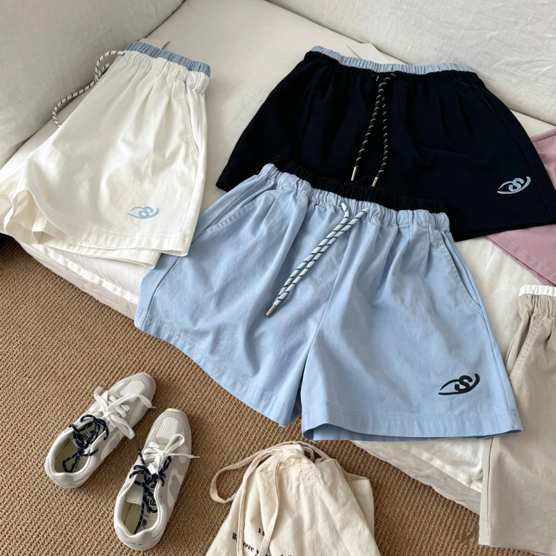 cherryshop พร้อมส่ง กางเกงขาสั้นสีน้ำเงินเชือกผูกเอวสไตล์เกาหลีสำหรับผู้หญิงที่สวมใส่สบายในช่วงฤดูร้อน