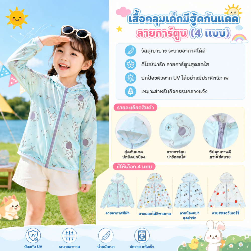 เสื้อคลุมเด็กกันแดด ผลิตจากผ้าเนื้อบางพิเศษ พิมพ์ลายสุดน่ารัก ระบายอากาศได้ดี และอ่อนโยนต่อผิว