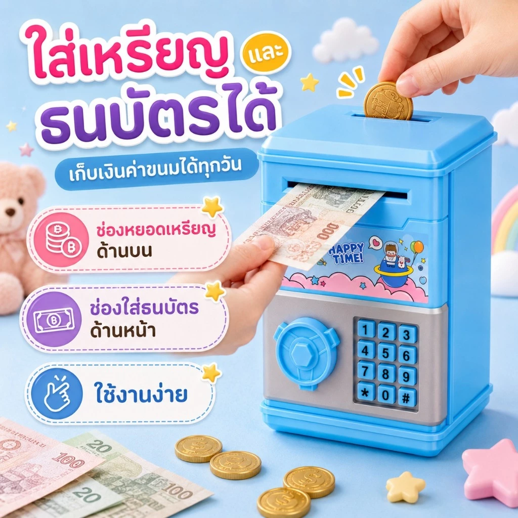 KiKi กระปุกออมสิน ATM 3 สี ใส่เหรียญธนบัตรได้ ปุ่มกดจำลอง ของขวัญเด็ก thumbnail 3