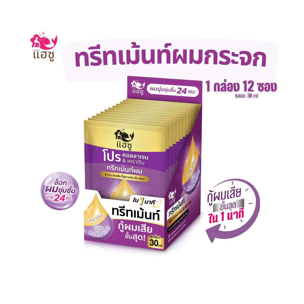 HAESU โปร คอลลาเจน&เคราติน ทรีทเม้นท์ผมสูตรเข้มข้น ให้ผมเงาและสวยเล่นแสงใน 1 นาที (12ชิ้น/กล่อง)