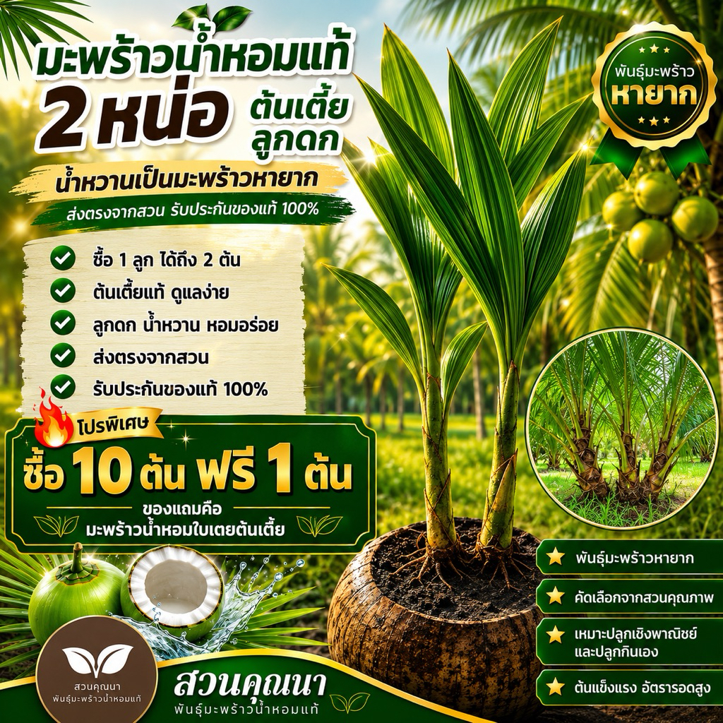 10 ต้นแถม 1 ต้น (ต้นละ250.-) มะพร้าว2หน่อ 2 ยอด น้ำหอมต้นเตี้ย ส่งตรงจากสวน พันธุ์หายากมาก
