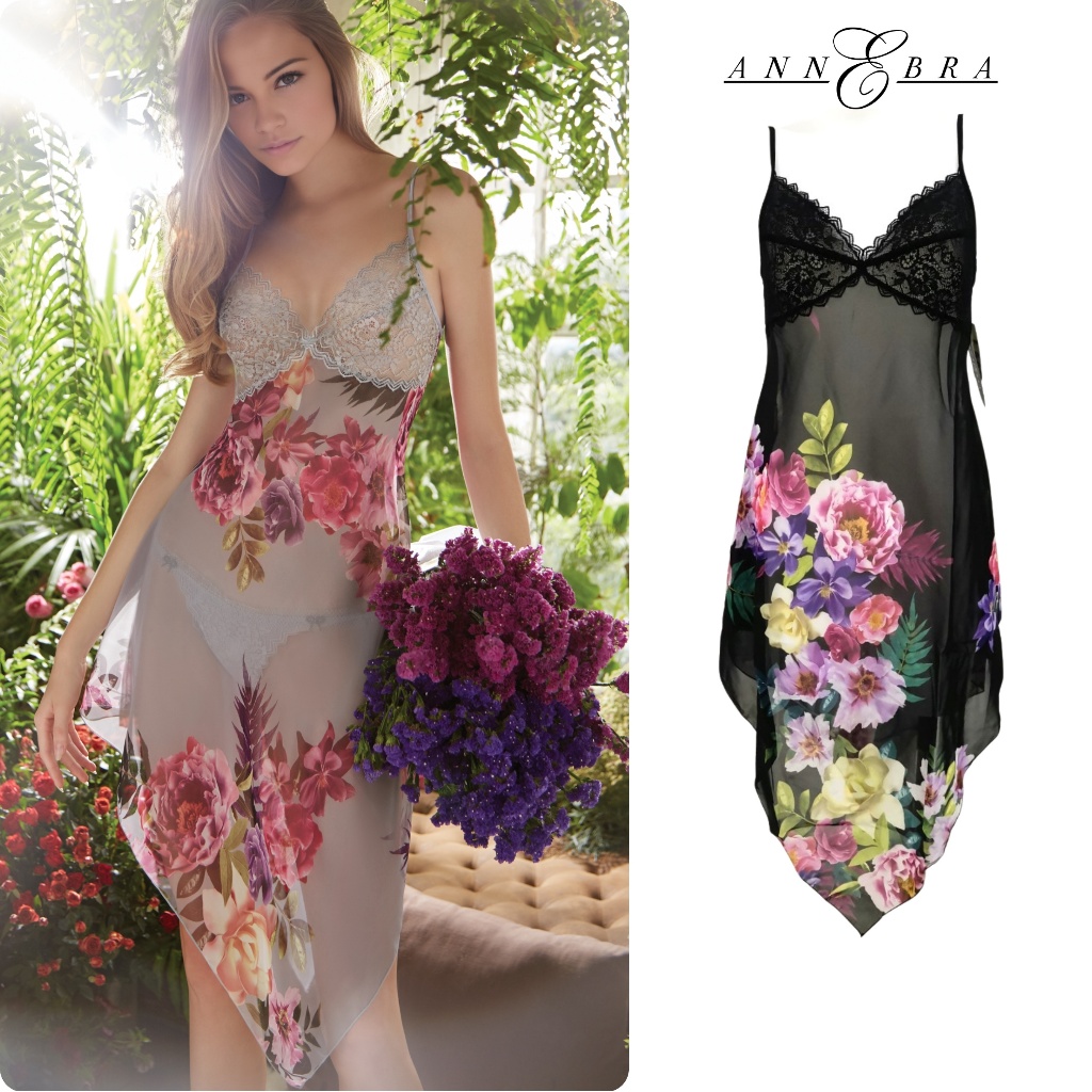 Annebra ชุดเดรส สายเดี่ยว ตัวยาว ผ้าชีฟองพิมพ์ลาย ไม่มีกางเกง Chiffon Nightwear รุ่น AN8-672