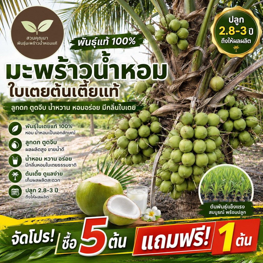 ชุดซื้อ5 ต้นแถมฟรี 1 ต้น มะพร้าวน้ำหอมใบเตย ต้นเตี้ย ตูดจีบ สายพันธุ์อัมพวาบ้านแพ้วดำเนิน ขายดีที่สุด