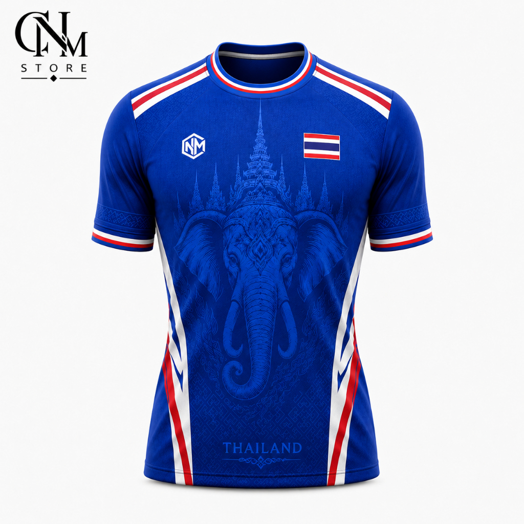 เสื้อฟุตบอลผู้ชายและผู้หญิง สไตล์ทีมชาติไทย พร้อมลายช้างใหญ่และธงชาติไทย แขนสั้น ทรงเข้ารูป สำหรับเล่นกีฬาและออกกำลังกาย