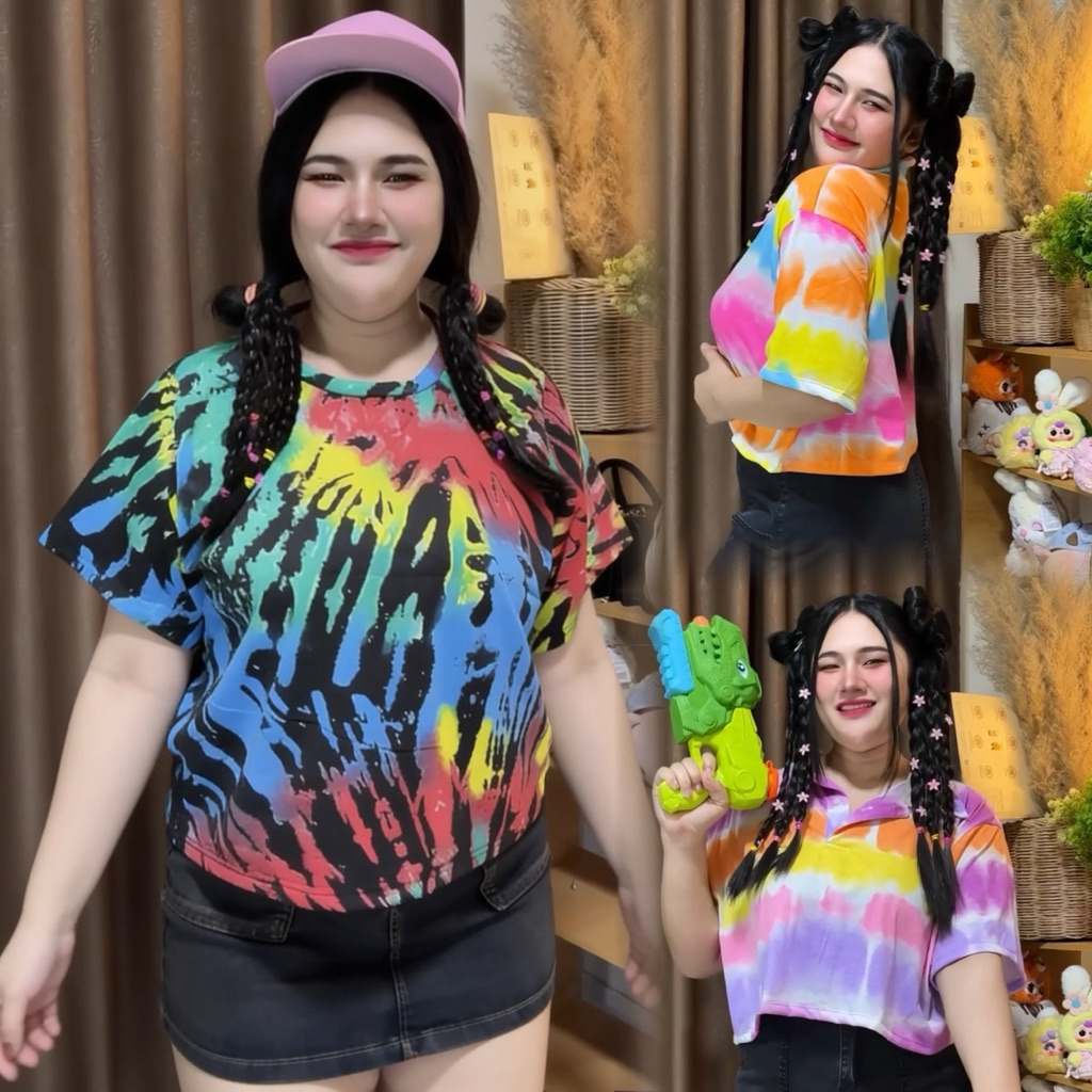 S166เสื้อครอปคอปกโปโล ลายมัดย้อม รอบอก44-60นิ้ว หน้าผ้า52นิ้ว ผ้าคอตตอน