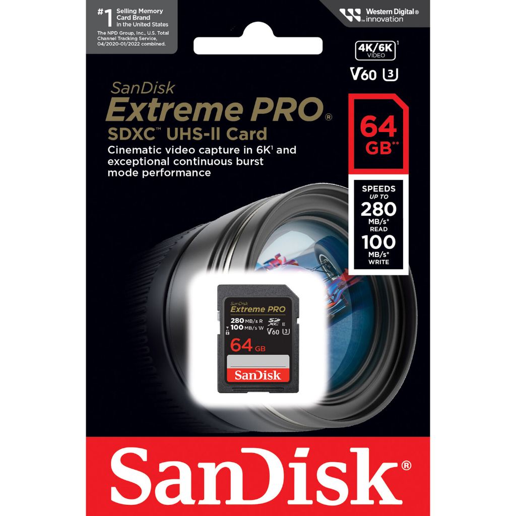 เมมโมรี่การ์ด SanDisk Extreme Pro SDXC, SDSDXEP 64GB, V60, U3, C10, UHS-II, 280MB/s R, 100MB/s W (SD