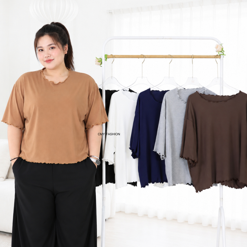 เสื้อครอป สาวอวบ เสื้อคอระบาย แขนสั้น ผ้าร่อง เนื้อผ้านิ่ม ใส่สบาย ไม่รัดตัว พรางหุ่นสวย สไตล์มินิมอลแมทช์ง่าย tb7778#