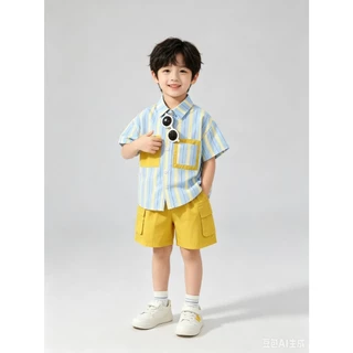 BB335 ชุดเด็กผู้ชาย 2 ชิ้น เสื้อเชิ้ตลายทางสีฟ้า กางเกงขาสั้นสีเหลือง
