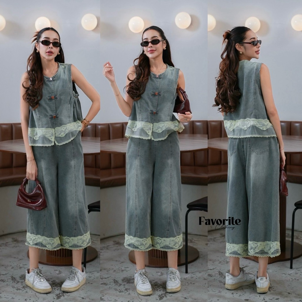 Jeans Rim Lace Sleeveless Top&Jeans Long Pant Set