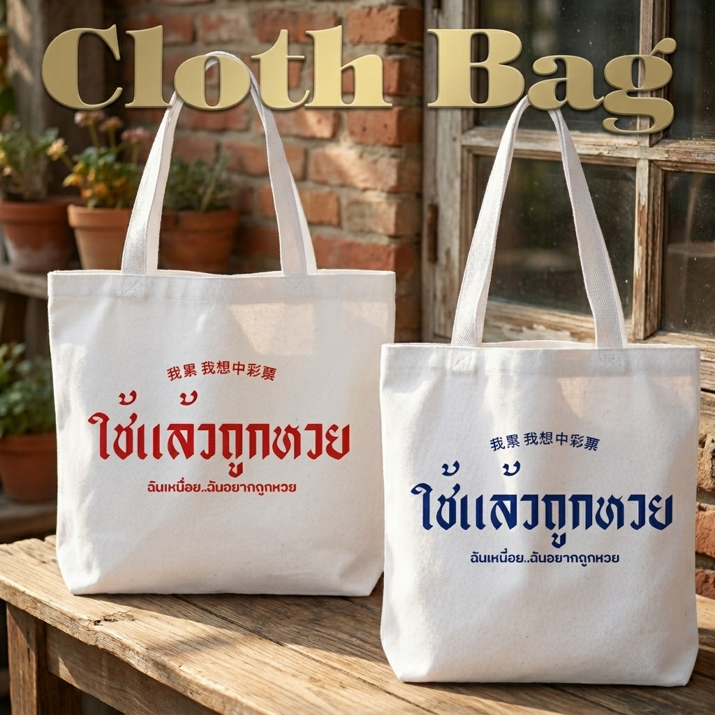 กระเป๋าผ้า ถุงผ้าดิบ ใช้แล้วถูกหวย มี 4 ขนาดให้เลือก กระเป๋าผ้าสกรีน กระเป๋าผ้าดิบ หูยาวไม่รั้งไหล่ RN058