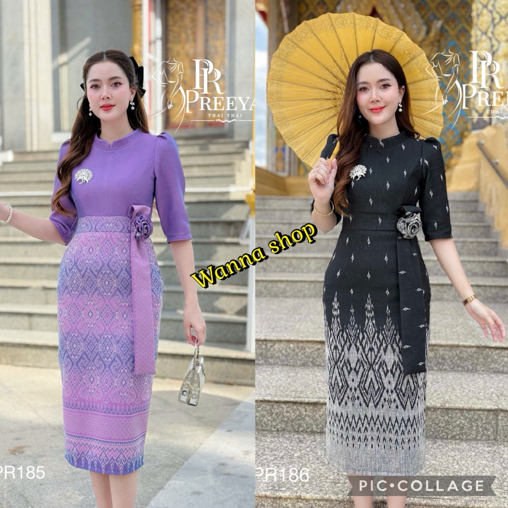 ชุดเดรสผ้าฝ้ายทอลาย อัดกาวให้ทั้งชุด ตกแต่งโบว์ดอกไม้เสื้อแขน 3 ส่วน มาพร้อมกระโปรงทรงสอบ