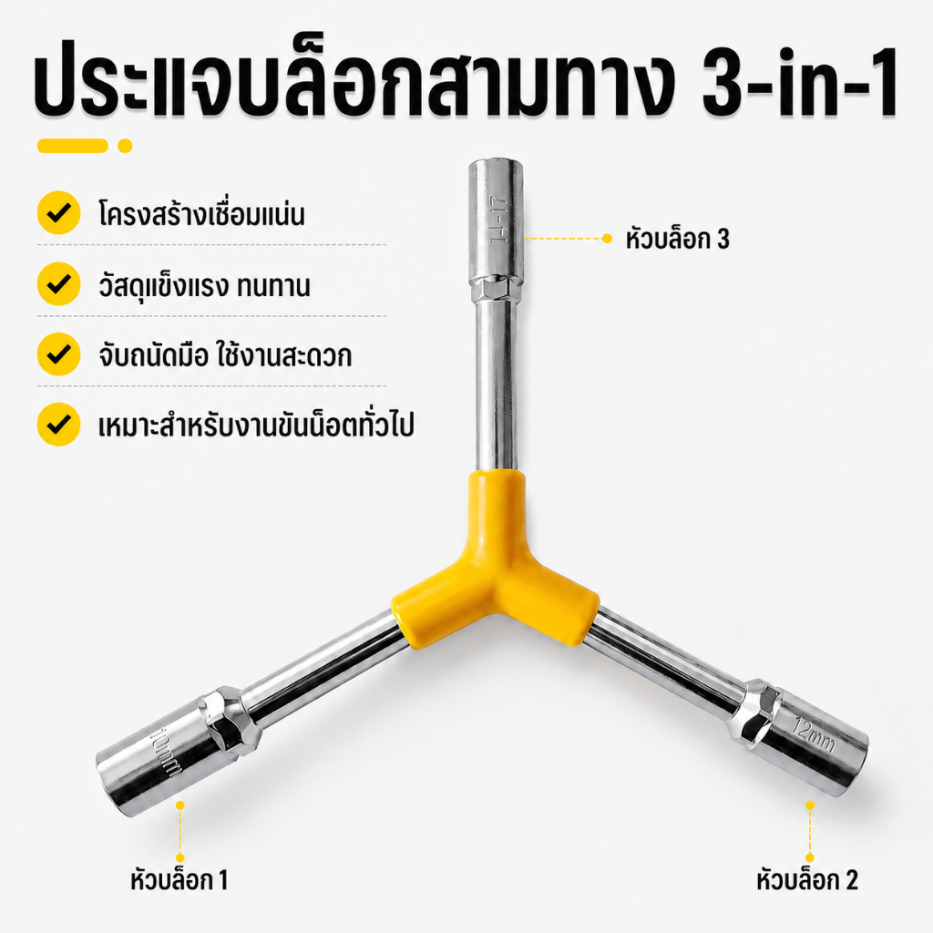 ประแจบล็อกสามทาง 3-in-1 ตัว Y เหล็กโครมวานาเดียม ด้ามยางกันลื่น ขนาด 8-19 มม. 5 รุ่น งานซ่อมทั่วไป