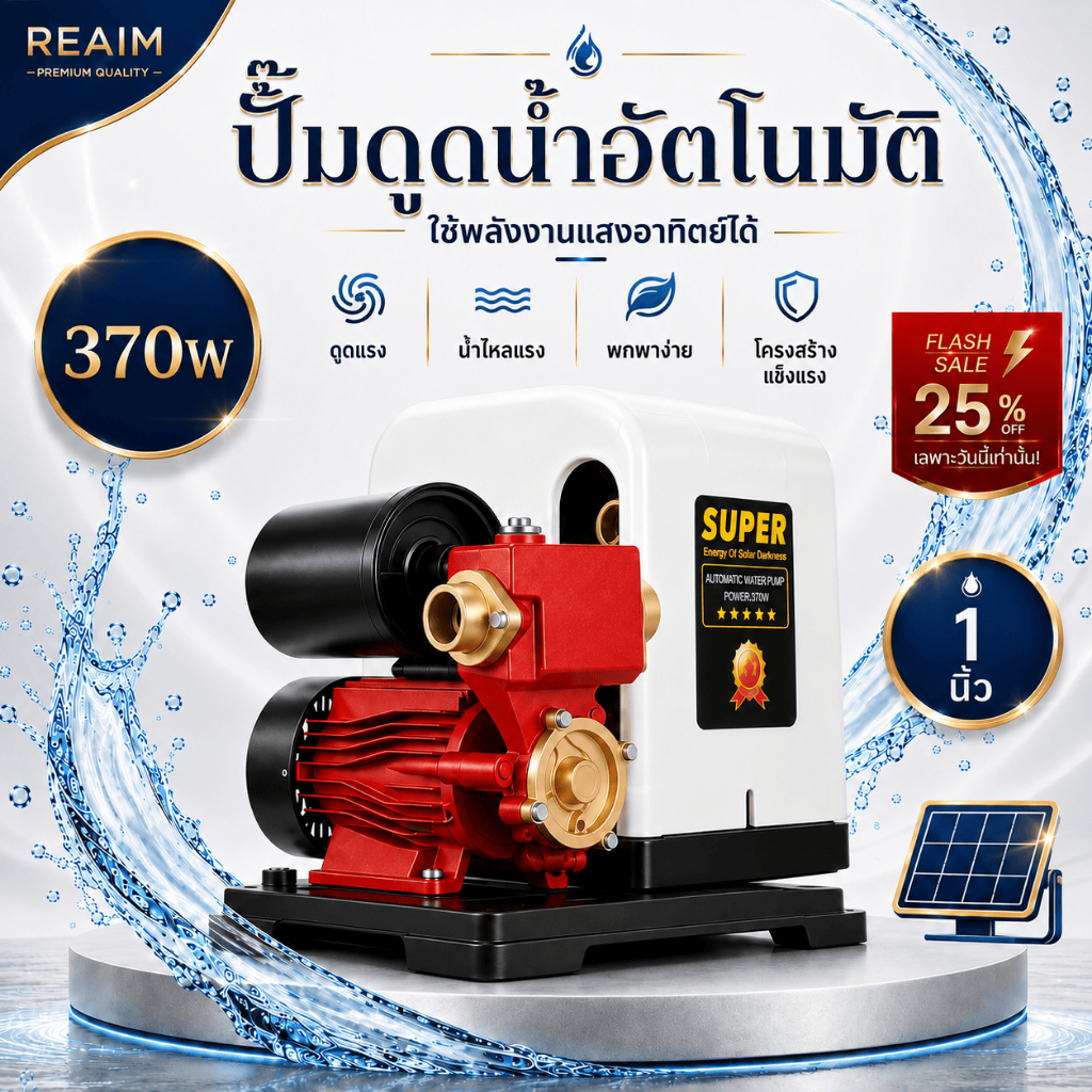 REAIM ปั้มน้ำอัตโนมัติ  ปั๊มน้ำ 0.5HP ปั๊มน้ำอัตโนมัติ 370W มีฝาครอบ IP54 ส่งน้ำสูง3ชั้น+ประหยัดไฟ+ปั๊มทนฝุ่น/สนิม