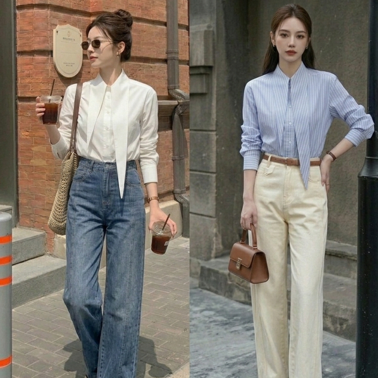 CT333 (เฉพาะเสื้อ) เสื้อหูกระต่ายสีฟ้าลายทางนําลุคของผู้หญิงและเบา ๆ  ชุดจะสดใสและเรียบร้อย