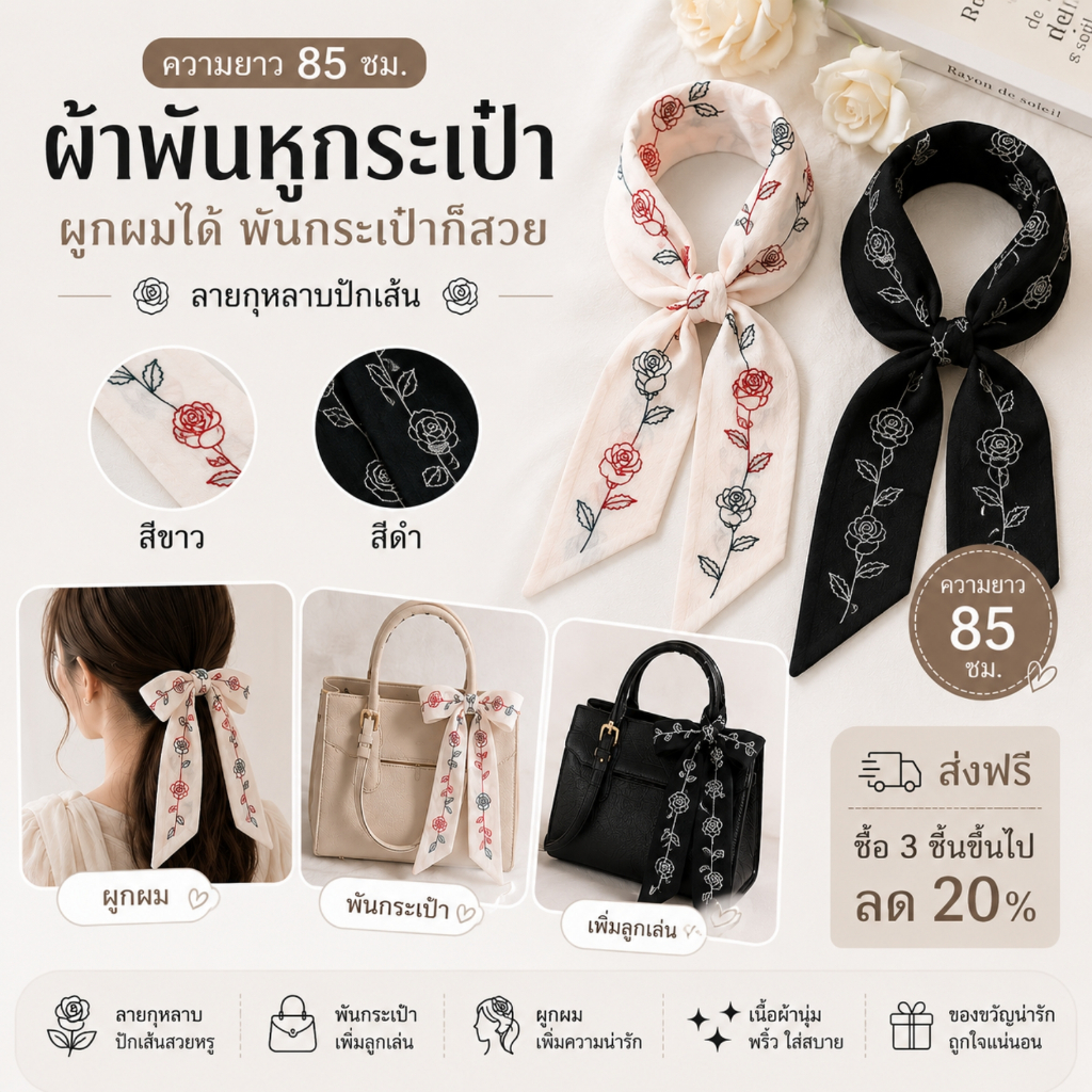 ผ้าพันหูกระเป๋า ลายกุหลาบ ผ้าพันกระเป๋า ผูกผมได้ Ribbon Scarf Twilly สีขาว สีดำ ยาว 85 ซม. A0017