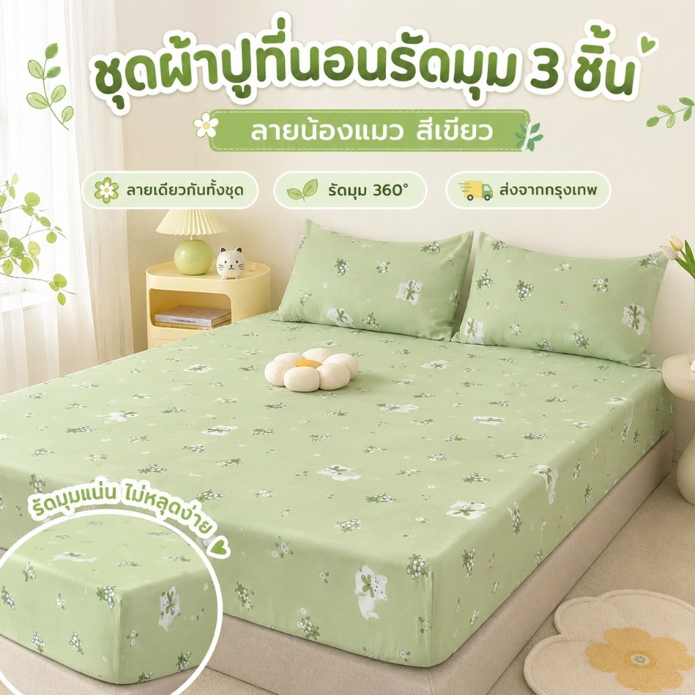 ผ้าปูที่นอนรัดมุม 3 ชิ้น ลายน้องแมวสีเขียว พร้อมปลอกหมอน 2 ใบ ผ้าปูรัดมุมเข้าชุด รองรับที่นอนหนา 5–25 ซม. ขนาด 3.5/5/6