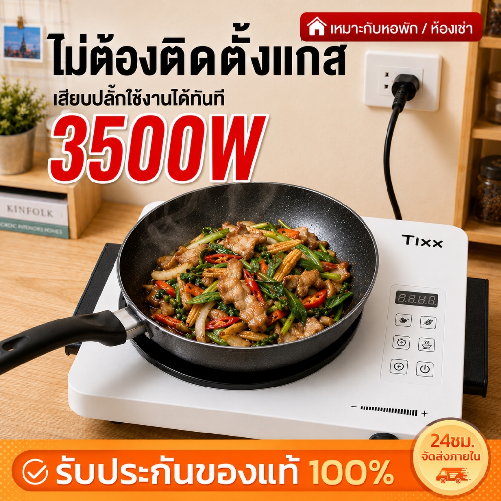 TIXX เตาเซรามิกไฟฟ้า กำลังไฟ 3500W แผงสัมผัสที่เรียบง่าย ตั้งเวลาได้ 3ชั่วโมง แผงไมโครคริสตัลไลน์ ไม่เลือกหม้อ