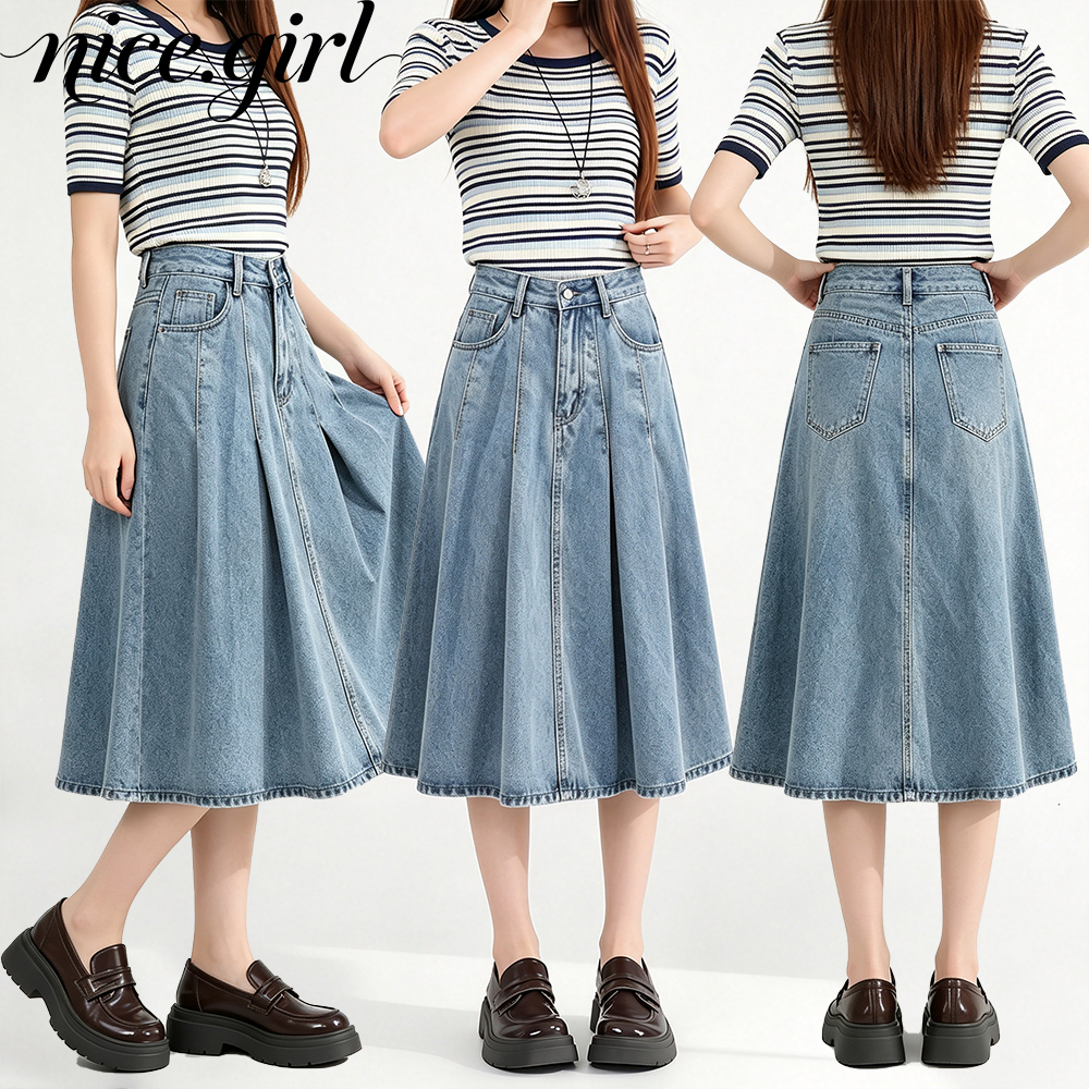Plus Size~Pleated skirt Blue กระโปรงยีนส์ทรงเอไลน์เอวสูง กระโปรงทรงร่มยาวปานกลาง ดีไซน์เก๋ สวมใส่ได้หลากหลายโอกาส HOT