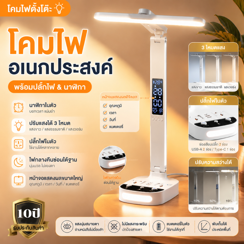 4IN1 มัลติฟังก์ชั่น ปลั๊ก+USB-C โคมไฟตั้งโต๊ะ ถนอมสายตา ปรับ3สี นาฬิกาดิจิตอล โคมไฟอเนกประสงค์