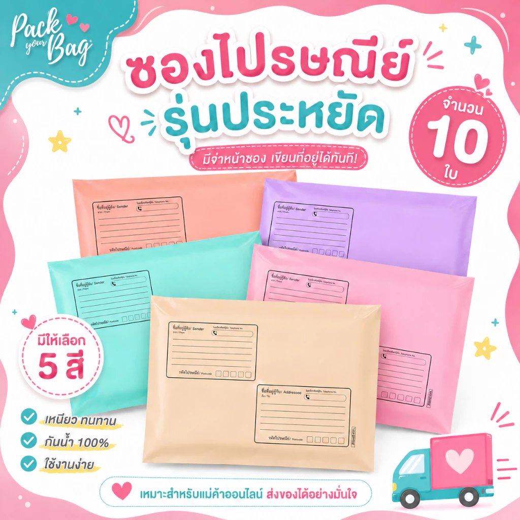 ซองไปรณีย์สีพาสเทล ถุงไปรษณีย์พาสติก ซองไปรษณีย์พาสเทล ซองไปรษณีย์พลาสติก รุ่นจ่าหน้า 10 ใบ