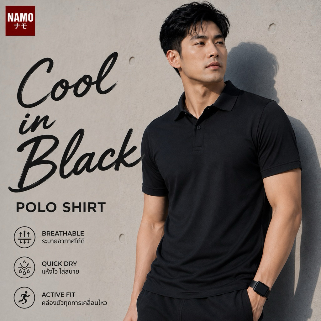 เสื้อยืด เสื้อโปโลสีดำ ผ้าเย็น  AirBreeze Active  Sport นุ่ม เย็น สบาย ไม่ยับไม่ขุย ไม่เหม็น ไม่ต้องรีด