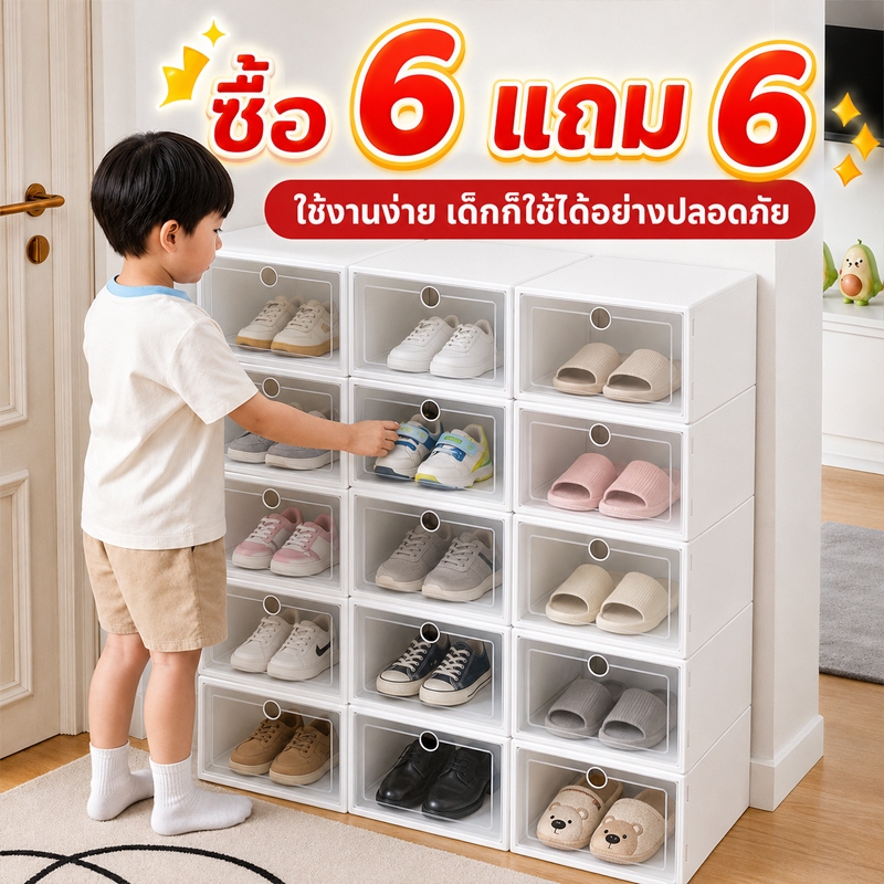 ⚡6 แถม 6⚡กล่องรองเท้า กล่องเก็บรองเท้า ประกอบง่าย กันฝุ่น กันความชื้น  กล่องใส่รองเท้าพลาสติกแข็งอย่างดี   แข็งแรง