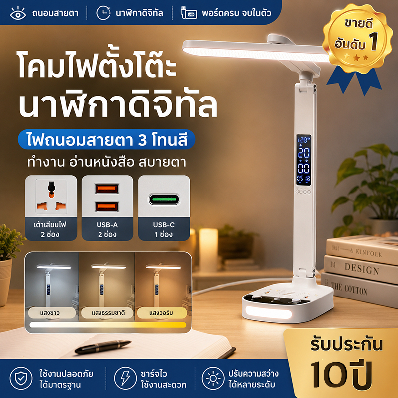 4 in 1 โคมไฟ LED ป้องกันดวงตา จอแสดงนาฬิกา อุณหภูมิ สายยาว 1.8m ปรับแสงได้ 250V โคมไฟมัลติฟังก์ชัน
