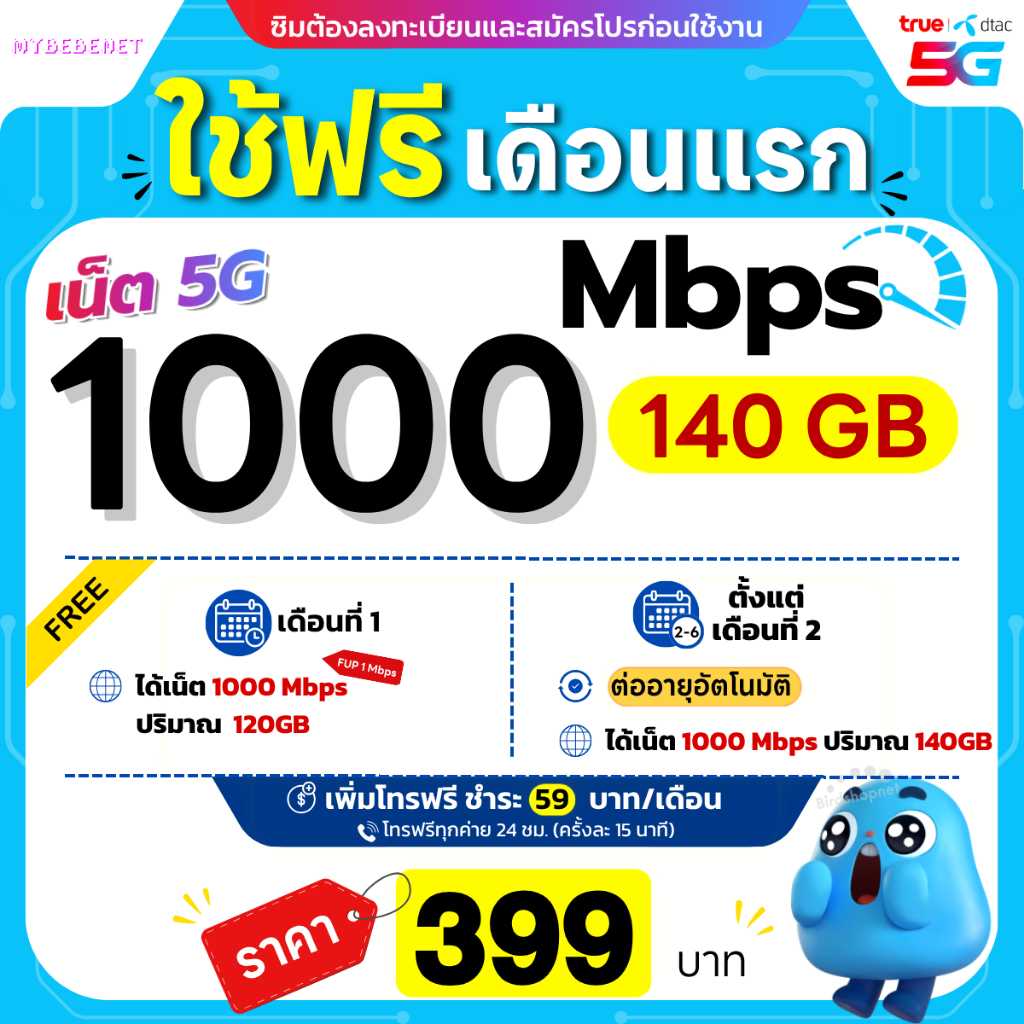(ใช้ฟรีเดือนแรก) ซิมเทพ Dtac เน็ตไม่อั้น 20 Mbps (80GB) + 1 Mbps ไม่อั้น + โทรฟรีทุกเครือข่าย (ซิมดีแทค)