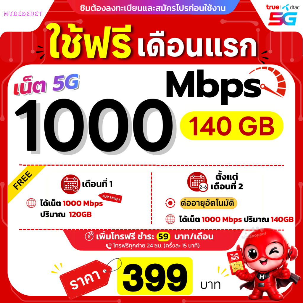 ส่งด่วน 🛵 (ใช้ฟรีเดือนแรก) ซิมเทพทรู เน็ตไม่อั้น 15 Mbps (40GB) + โทรฟรีทุกเครือข่าย นาน 12 เดือน