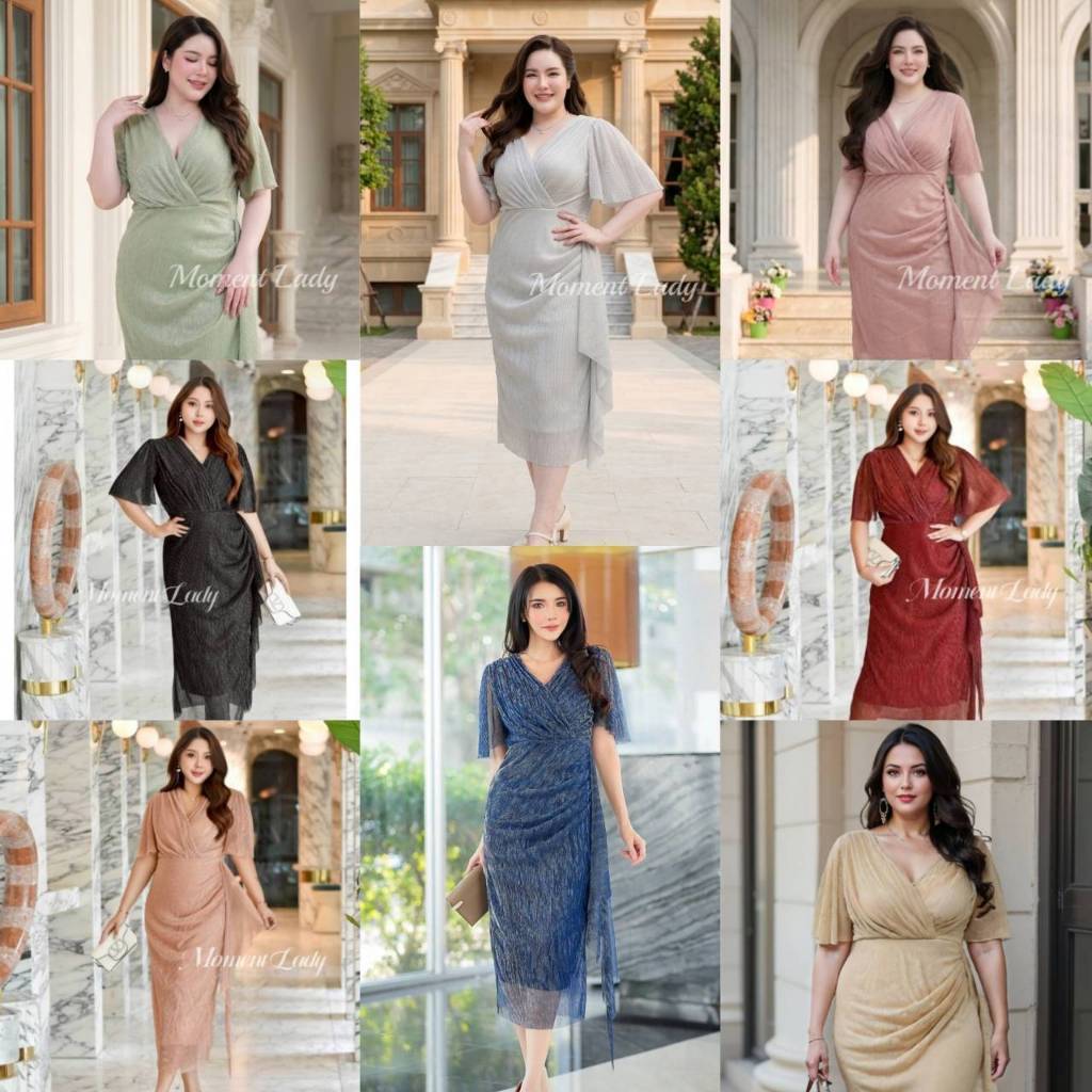 มินิเดรสออกงาน คอวีป้าย แขนระบายพลางหุ่นทรงสวยเป๊ะ เดรสออกงานไซส์ใหญ่ ชุดเพื่อนเจ้าสาวสาวอวบ พลัสไซส์ MO