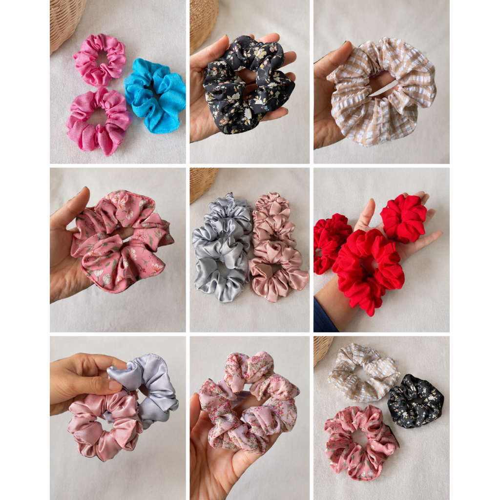 CC1500 ยางมัดผมผ้าแฮนด์เมด Scrunchies สีพื้น ลายดอก มัดผมหนา-บางได้ งานเย็บมือ