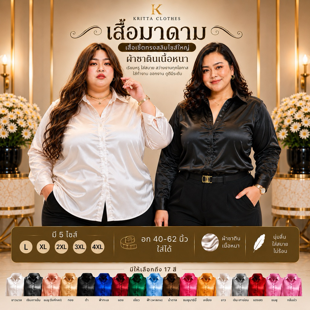 เสื้อเชิ้ตมาดาม เสื้อเชิ้ตซาติน เสื้อเชิ้ตทำงาน อก 40-60 นิ้ว