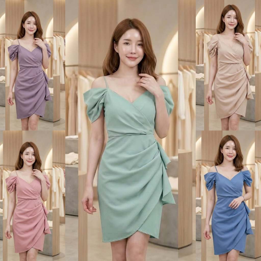เดรสไปงานแต่ง หรูหรา  มีอก 36-38 นิ้ว เดรสออกงาน เดรสเปิดไหล่ สีเขียวมิ้น ครีม  ชมพู ม่วง เขียว แดง กรม น้ำตาล ฟ่าคราม
