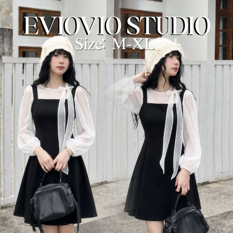 M-XL【EVIOVIO】 NEW❗ เดรสคุณหนูแขนซีทรูโบว์ยาว สไตล์เกาหลี เดรสสีดำ เดรสทำงาน ชุดไปคาเฟ่ ชุดสีดำพร้อมส่ง🌼