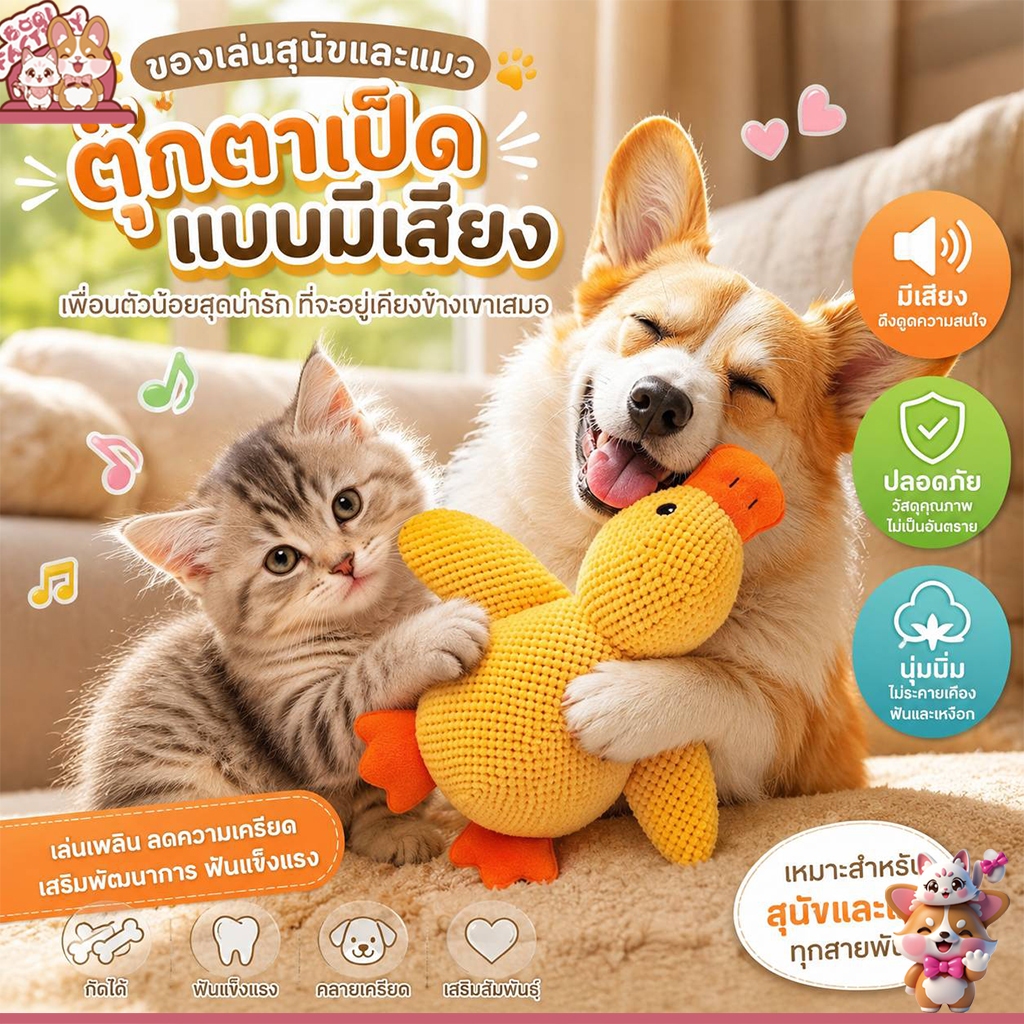Boqi Factory 🐶🐱 ของเล่นสุนัขและแมว ตุ๊กตาเป็ดแบบมีเสียง ตุ๊กตา Dogtoy