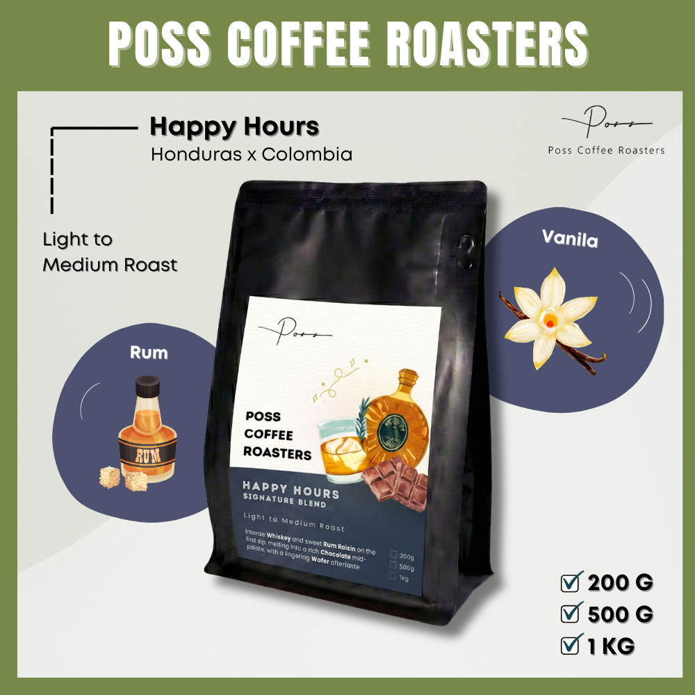Poss Coffee Roasters เมล็ดกาแฟคั่วอ่อน Happy Hours Blend Honduras Colombia 200g 500g 1kg บดฟรี
