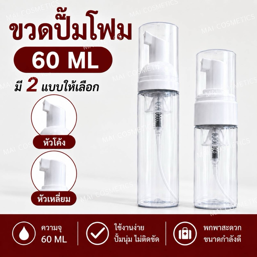 *พร้อมส่ง* ขวดปั๊มโฟม 60 ml  มีหัวปั๊มให้เลือก2แบบ ขวดปั๊มมูส ขวด PET แบบใส